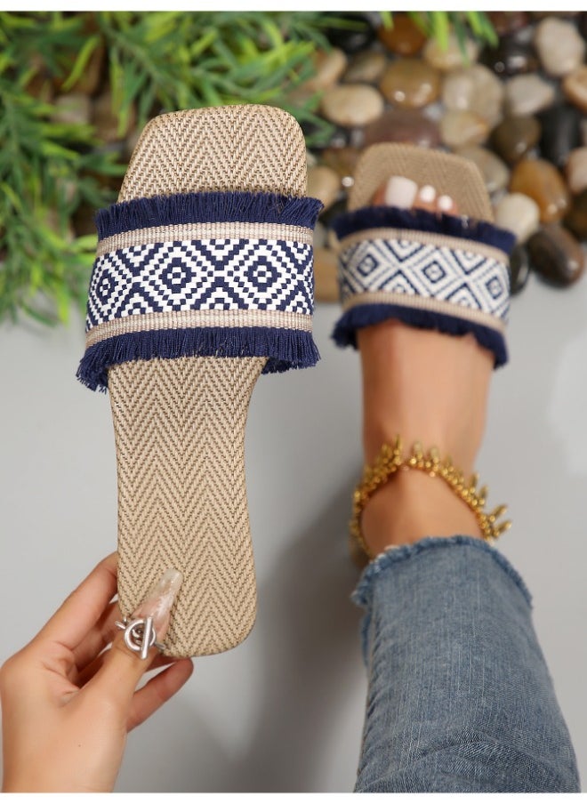 Vacation Slide Sandals Women Geometric Pattern Fringe Decor Fabric Sandals for Ladies