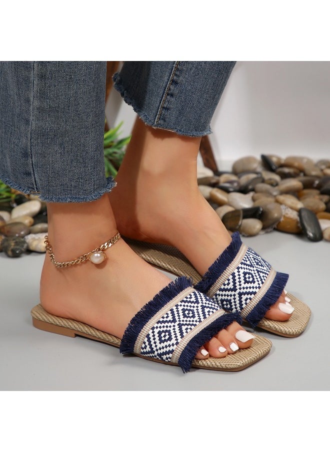 Vacation Slide Sandals Women Geometric Pattern Fringe Decor Fabric Sandals for Ladies