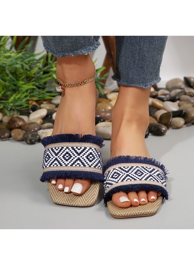 Vacation Slide Sandals Women Geometric Pattern Fringe Decor Fabric Sandals for Ladies