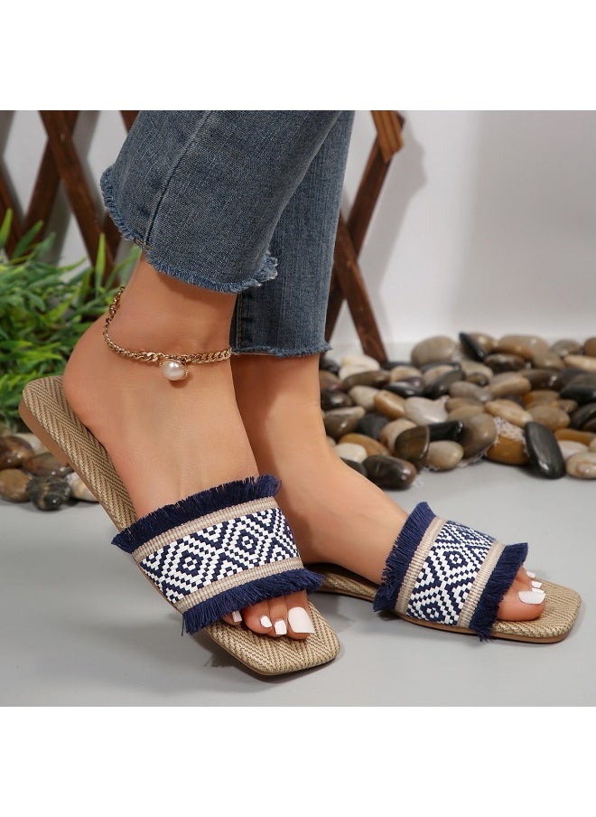 Vacation Slide Sandals Women Geometric Pattern Fringe Decor Fabric Sandals for Ladies