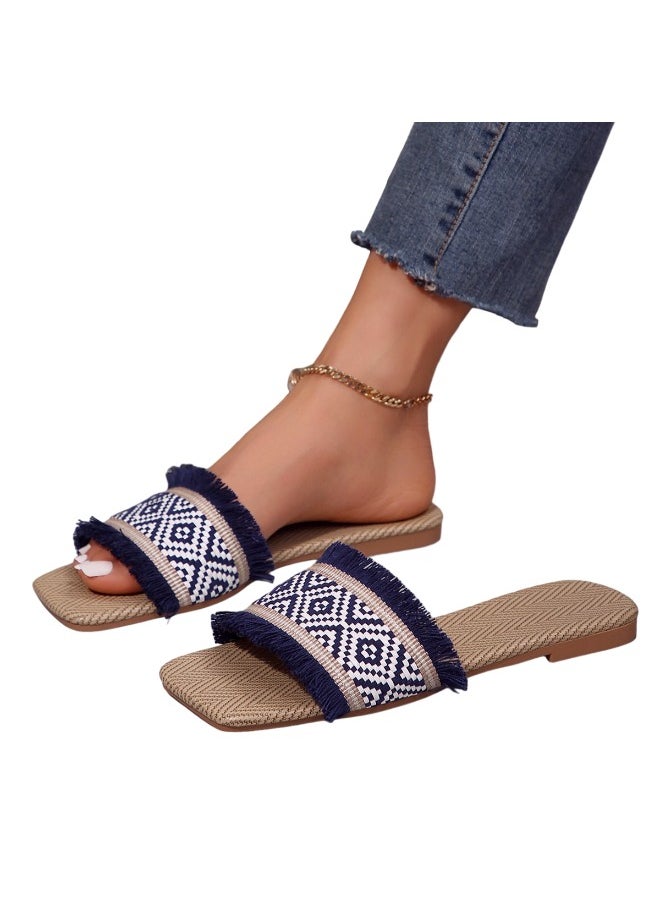 Vacation Slide Sandals Women Geometric Pattern Fringe Decor Fabric Sandals for Ladies