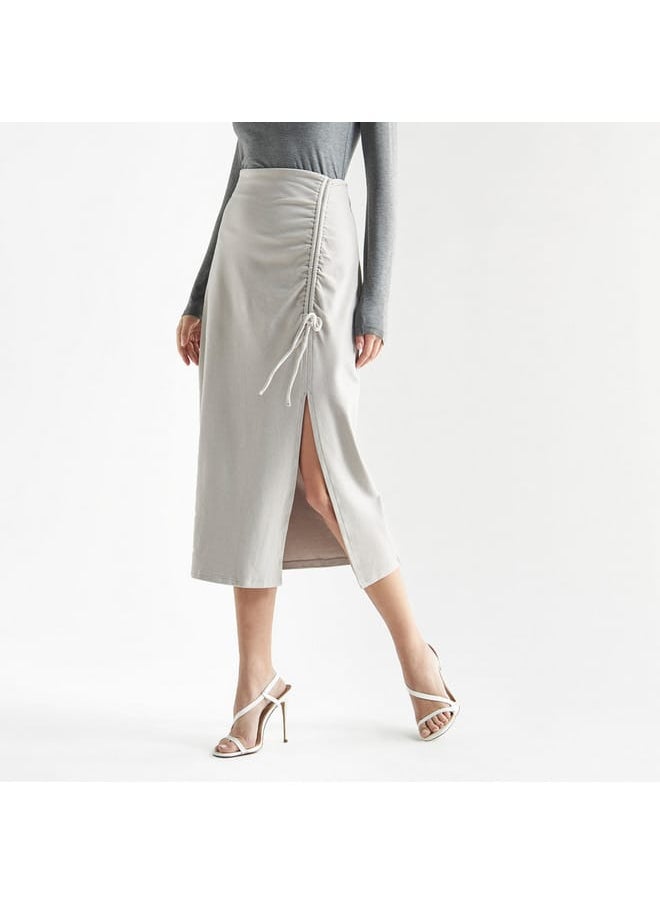 Solid Midi Skirt with Ruched Detail and Slit