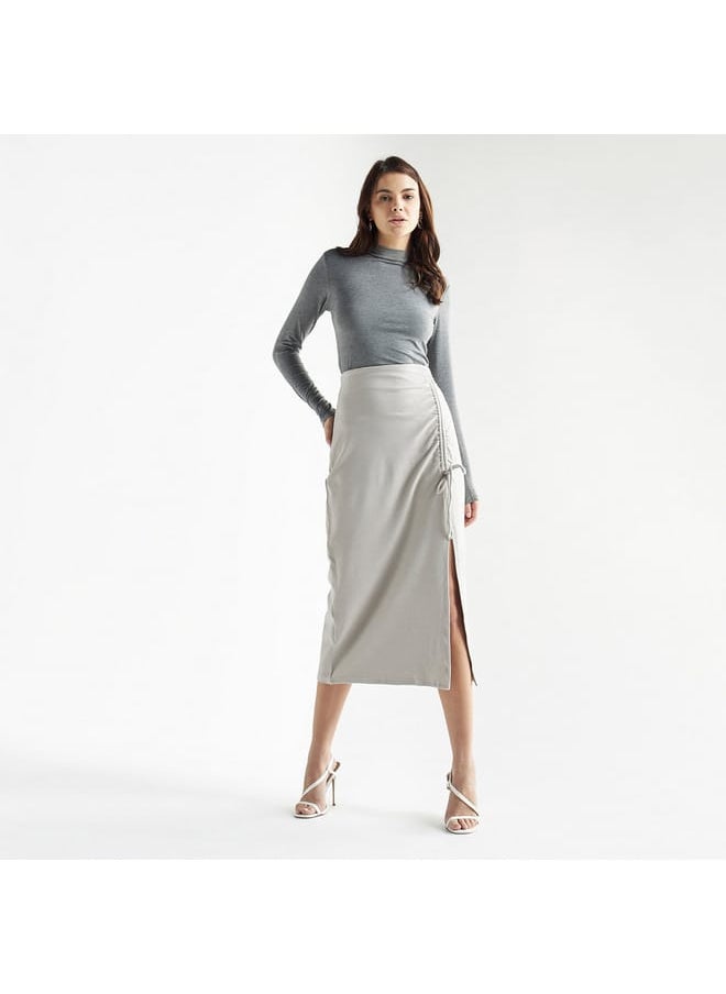 Solid Midi Skirt with Ruched Detail and Slit