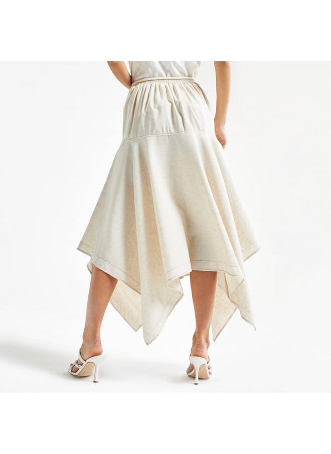 Solid Midi Skirt with Asymmetrical Hem and Tie-Up Detail