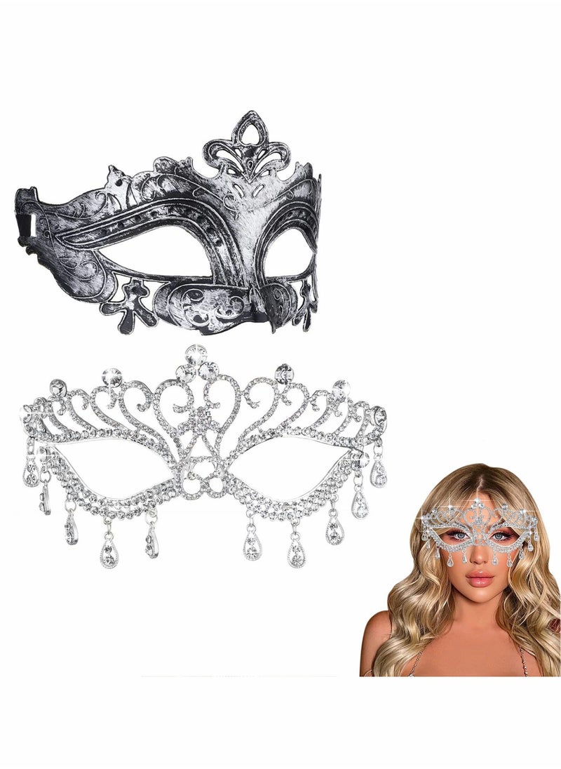 Masquerade Mask for Couples, 2pcs Crystal Venetian Party Decor Mardi Gras Masquerade Masks Set Costume Accessory