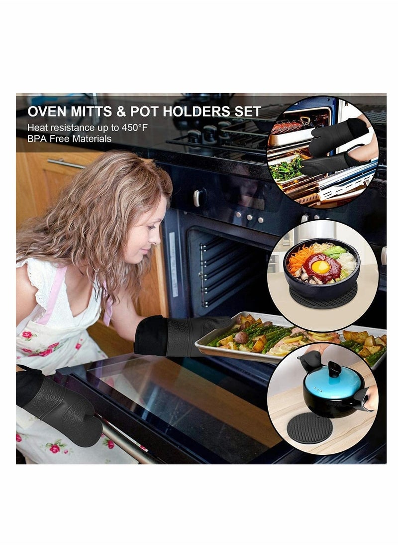 Silicone Oven Mitts and Pot Holders Set, Heat Resistant Silicone Oven Mittens with Mini Oven Gloves and Hot Pads, Pot Holders for Kitchen Baking Cooking, Quilted Liner, Black,Pack of 6