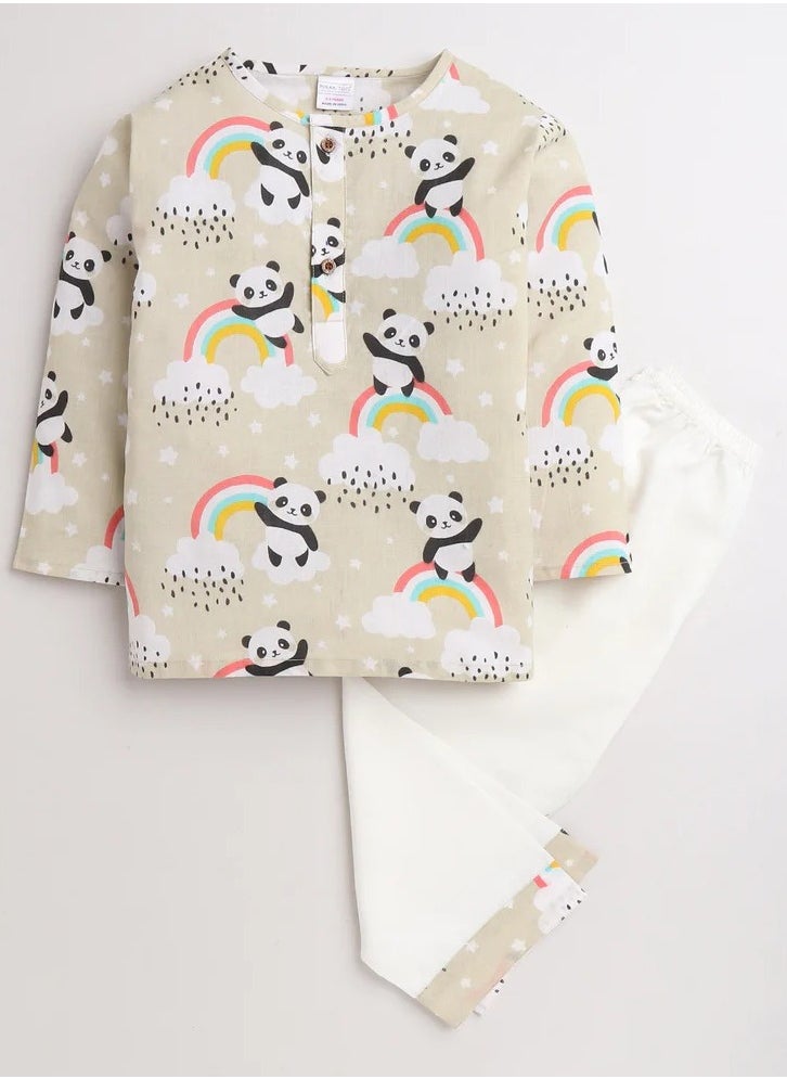 Polka Tots Full Sleeves Night Wear Rainbow Kurta Pyjama - Cream