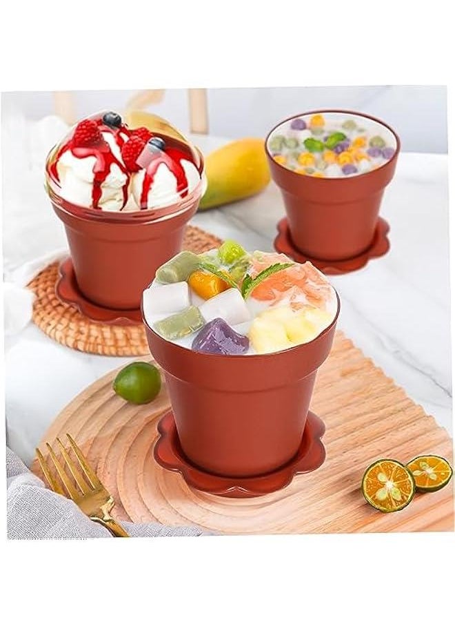 10 pcs Flowerpot Dessert Cups with Lids Shovel Spoons and Bottom Tray Containers for Ice Cream Yogurt and Cakes