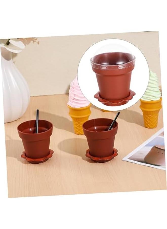 10 pcs Flowerpot Dessert Cups with Lids Shovel Spoons and Bottom Tray Containers for Ice Cream Yogurt and Cakes