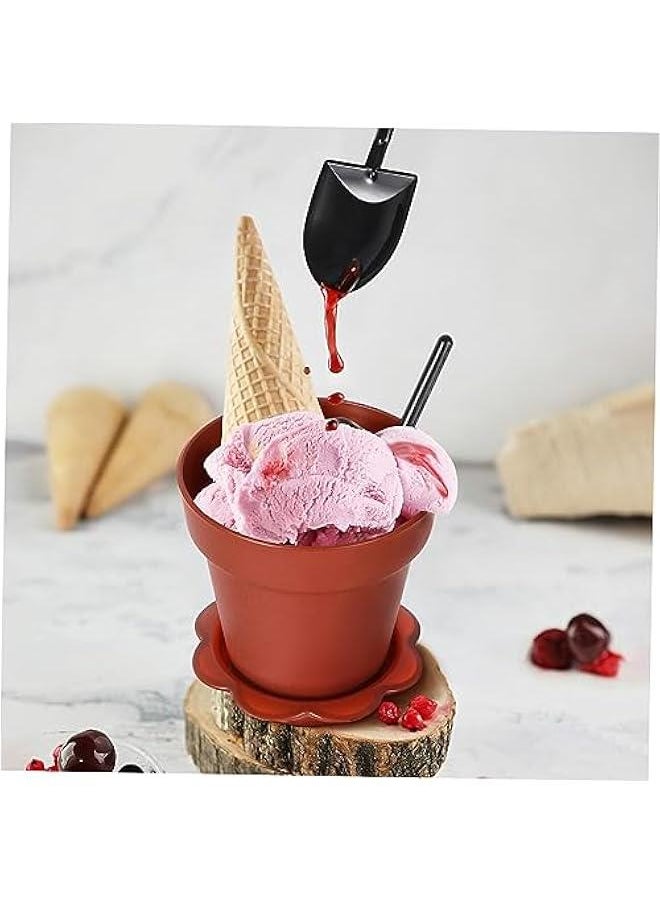 10 pcs Flowerpot Dessert Cups with Lids Shovel Spoons and Bottom Tray Containers for Ice Cream Yogurt and Cakes