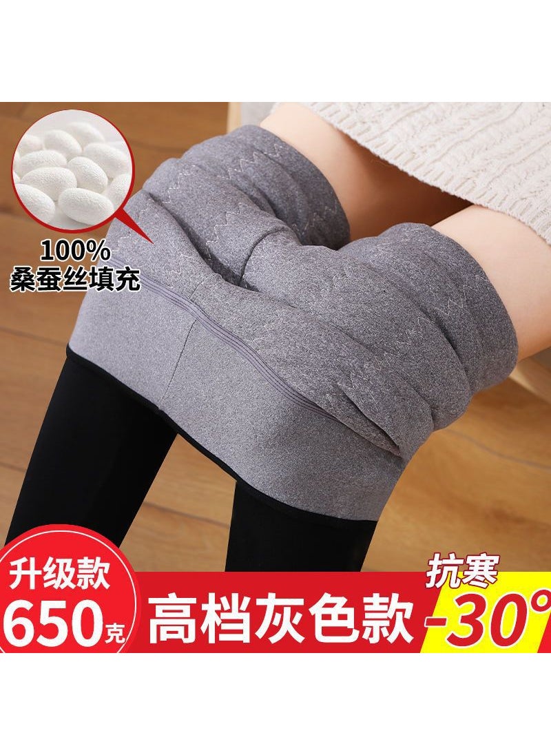 Wool cotton pants womens winter wear fleece-lined thick leggings plus size silk extra thick warm one-piece pants Silk gray