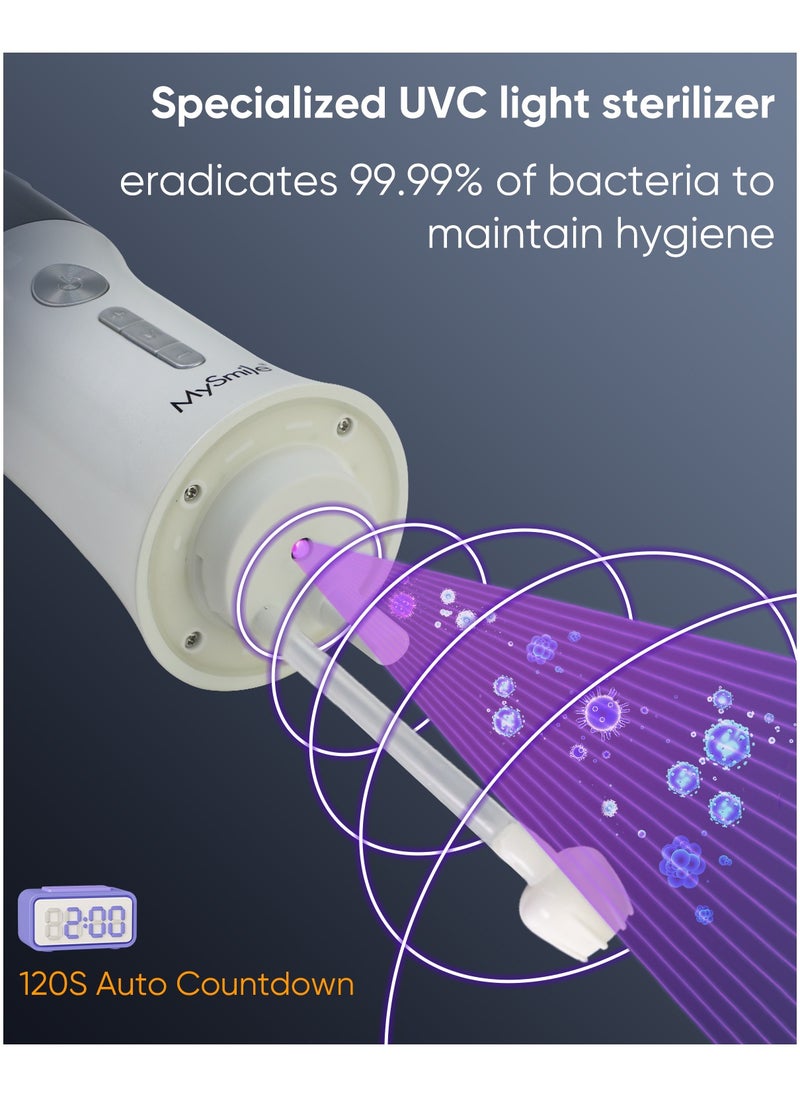 MySmile LP221 UVC Sterilizable Cordless Water Flossers for Teeth 335ML Portable OLED Display Dental Flosser with 4 Modes 8 Jet Tips and a Storage Pouch for Home and Travel (Pearl White)