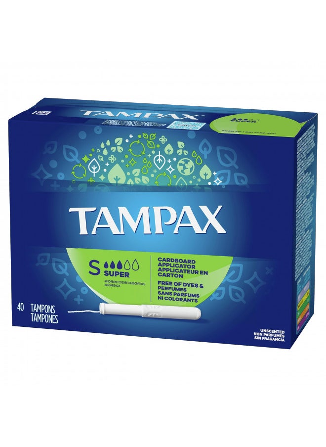 Tampax Tampons, Super Absorbency, Cardboard Applicator, Leakgaurd Skirt, Unscented, 40 Count