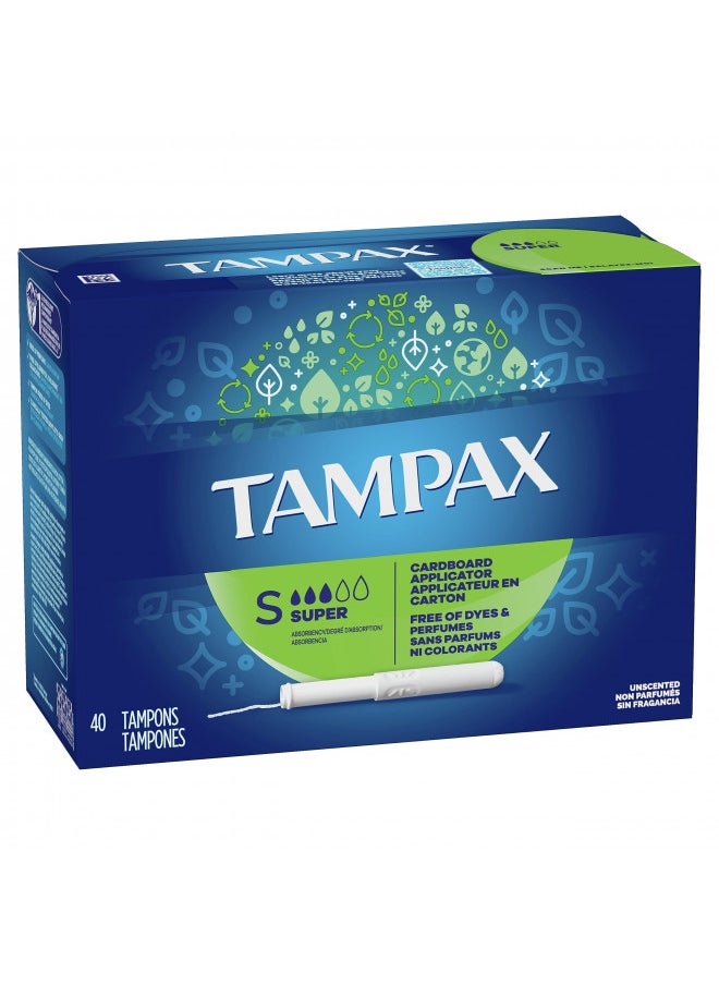 Tampax Tampons, Super Absorbency, Cardboard Applicator, Leakgaurd Skirt, Unscented, 40 Count