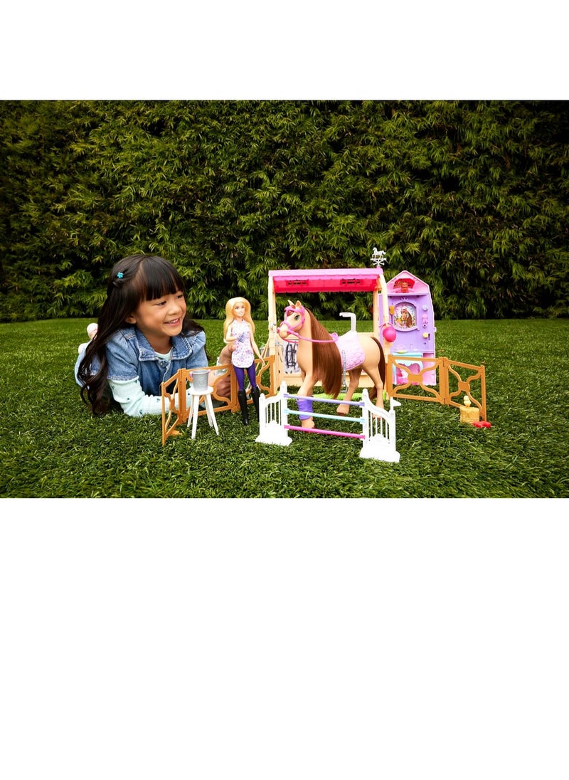 Toy Stable Playset with Doll, Horse & Accessories, 25+ Pieces with 6 Areas of Play, Inspired by Barbie Mysteries: The Great Horse Chase