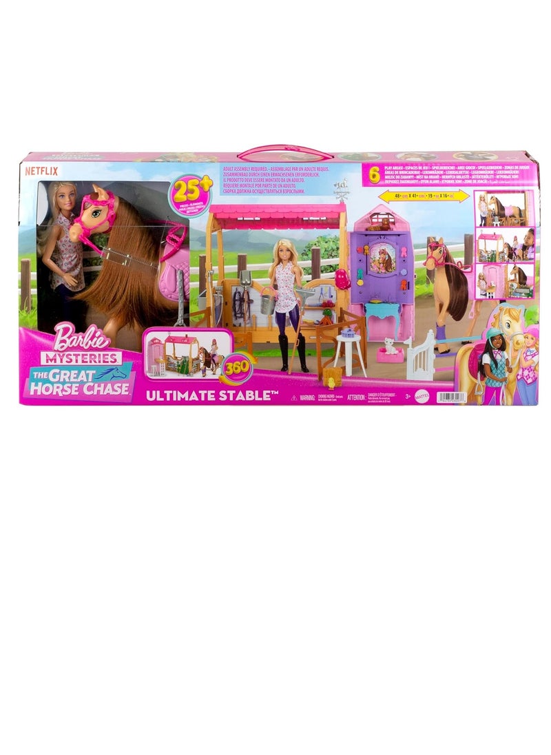 Toy Stable Playset with Doll, Horse & Accessories, 25+ Pieces with 6 Areas of Play, Inspired by Barbie Mysteries: The Great Horse Chase