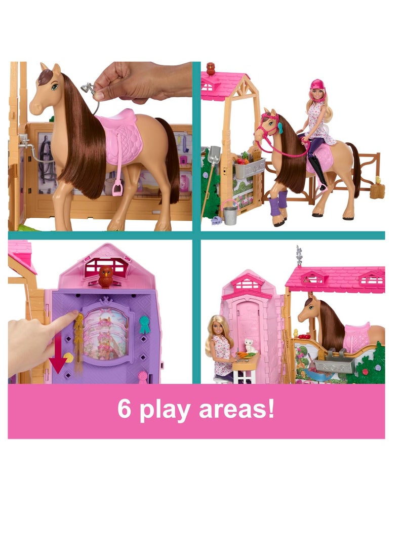 Toy Stable Playset with Doll, Horse & Accessories, 25+ Pieces with 6 Areas of Play, Inspired by Barbie Mysteries: The Great Horse Chase