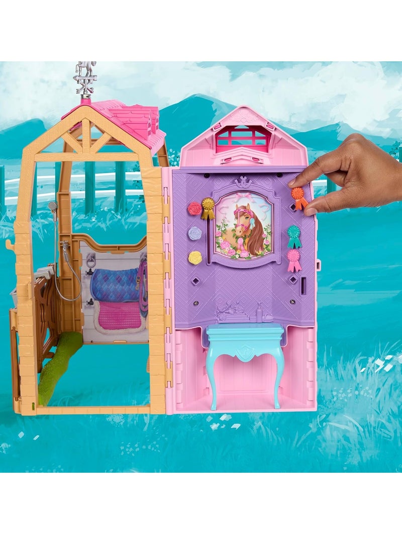 Toy Stable Playset with Doll, Horse & Accessories, 25+ Pieces with 6 Areas of Play, Inspired by Barbie Mysteries: The Great Horse Chase