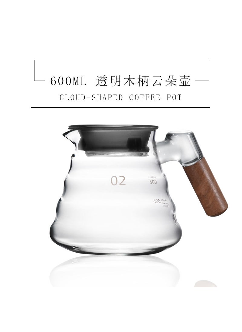 Thickened Glass Pour-Over Coffee Pot with Scale600ml wooden handle cloud pot (transparent) 600ml wooden handle cloud pot (transparent)