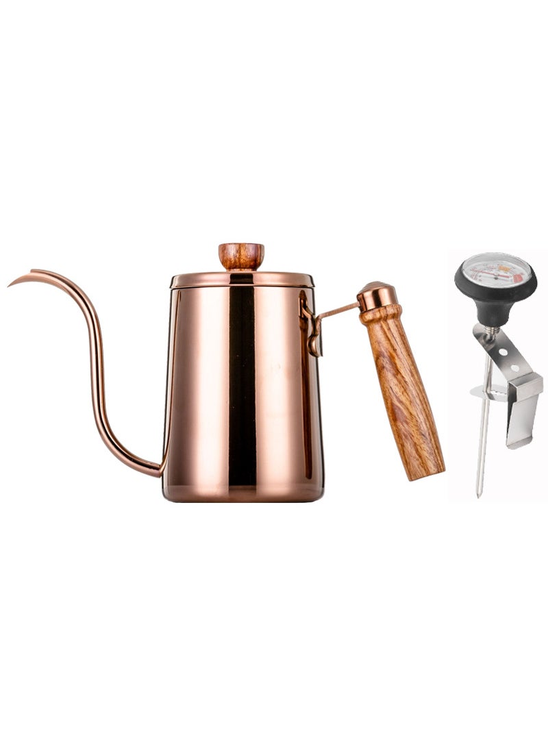 Stainless steel hand coffee pot with scale wooden handle 304 Teflon household commercial drip filter pot 600ml Rose gold 600ml plus thermometer