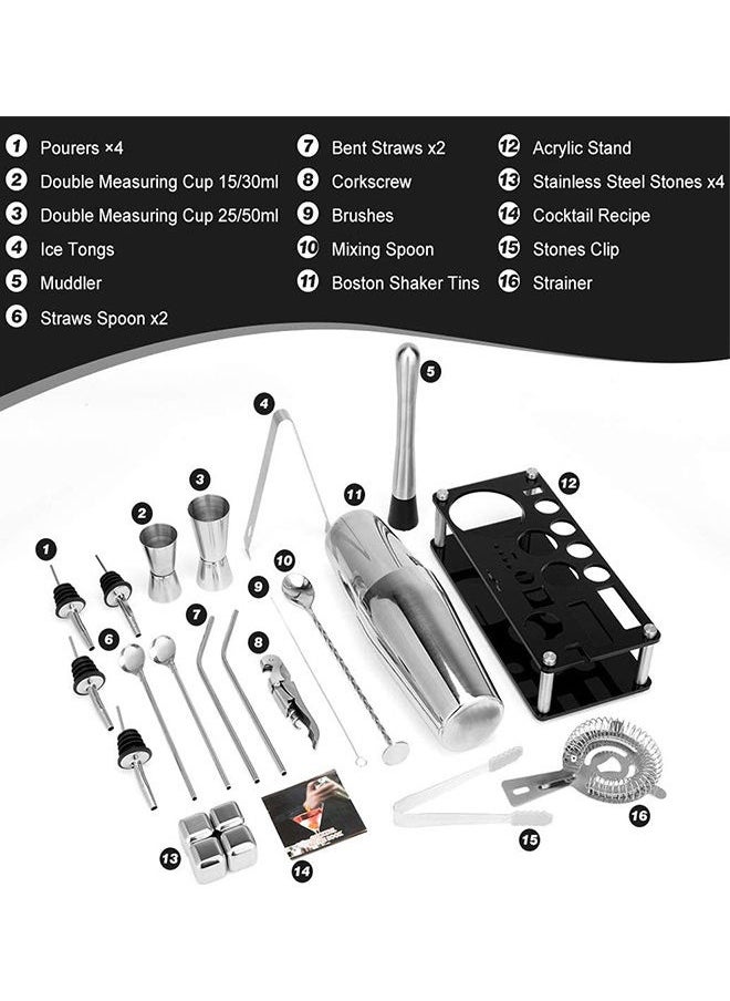 23-Piece Boston Stainless Steel Cocktail Shaker Bartender Kit Silver/Black 14x10.5x28cm