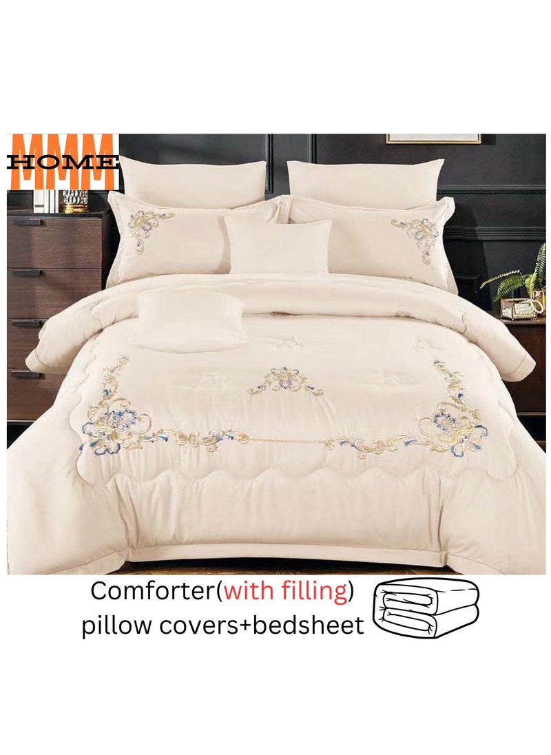 MMM HOME Embroidered 6pcs King size High Cotton Hotel Master Quality Microfiber Bedding Set Comforter/Bedsheet/Pillow covers set