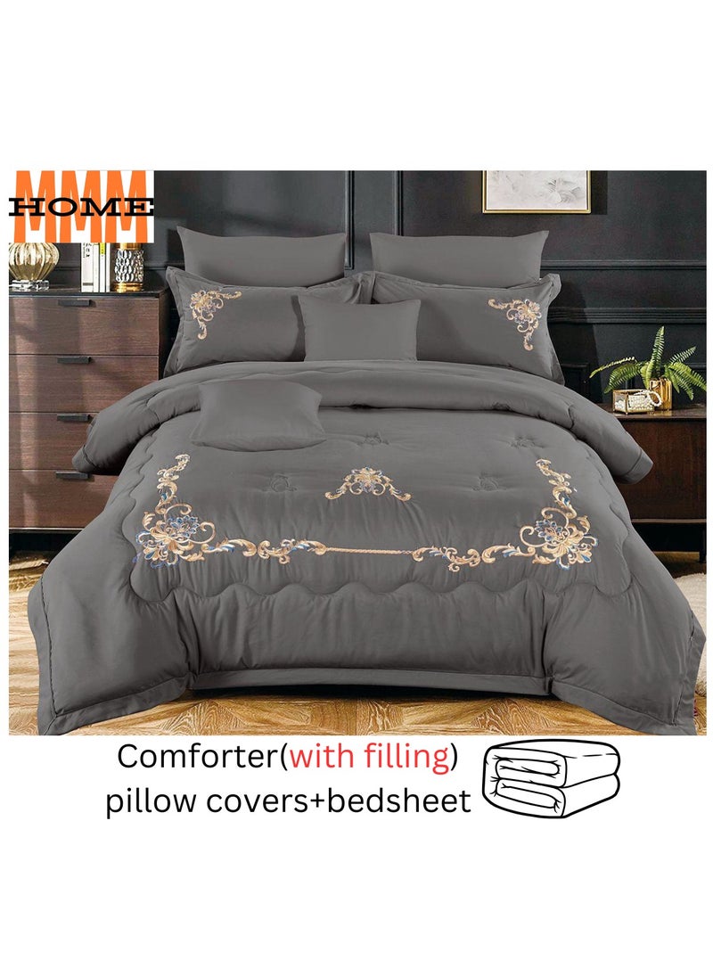 MMM HOME Embroidered 6pcs King size High Cotton Hotel Master Quality Microfiber Bedding Set Comforter/Bedsheet/Pillow covers set