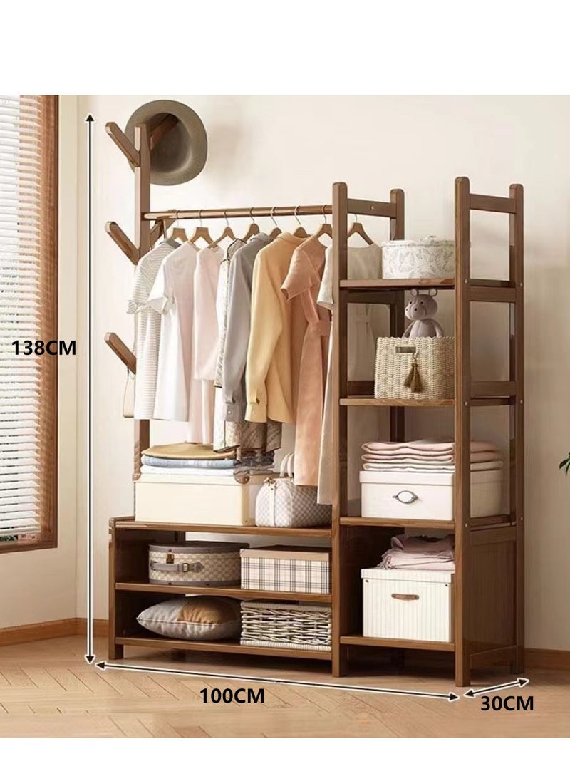 Solid Wood Clothing Rack Standing Clothes Rack Clothes Hanger with Multi-Layer Storage Open Wardrobe for Living room Bedroom