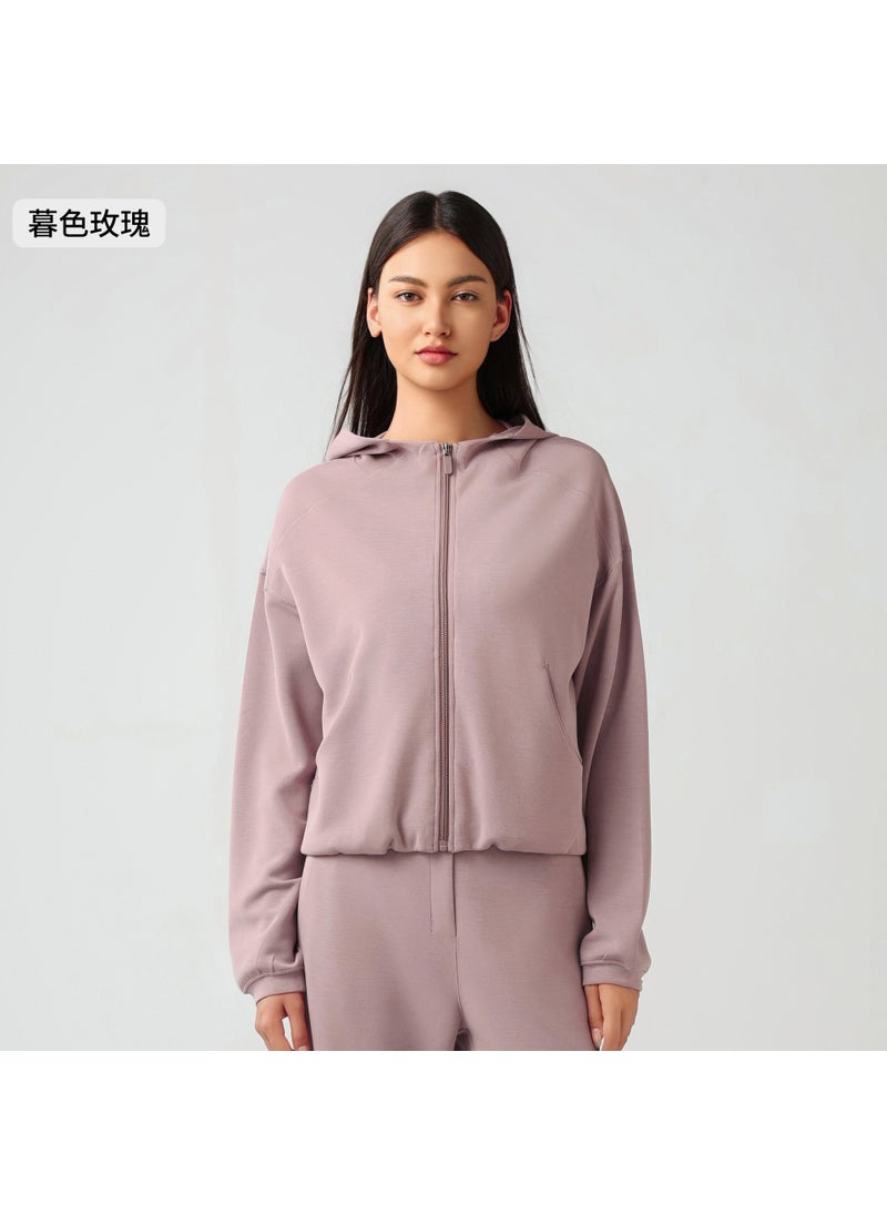 Autumn Winter Hooded Zip Cardigan Casual Sweatshirt Women Twilight rose