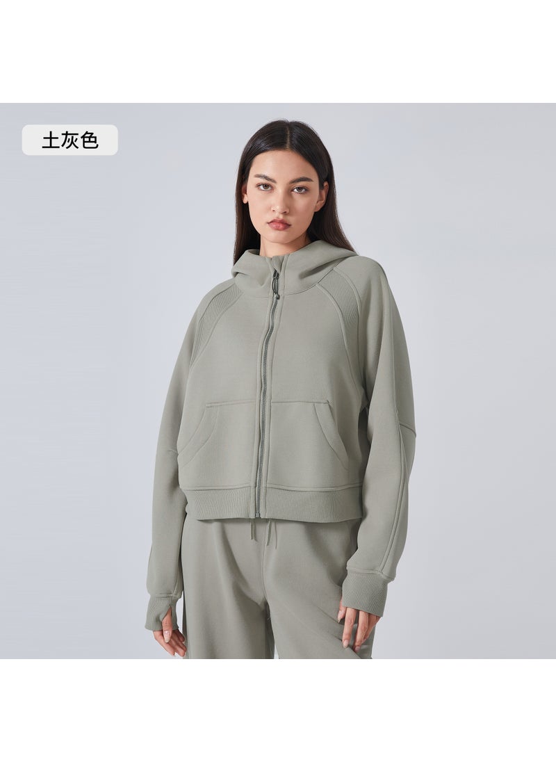 Fleece-Lined Hoodie Jacket Women Zip-up Winter Yoga Outerwear DAW151 Earthy gray