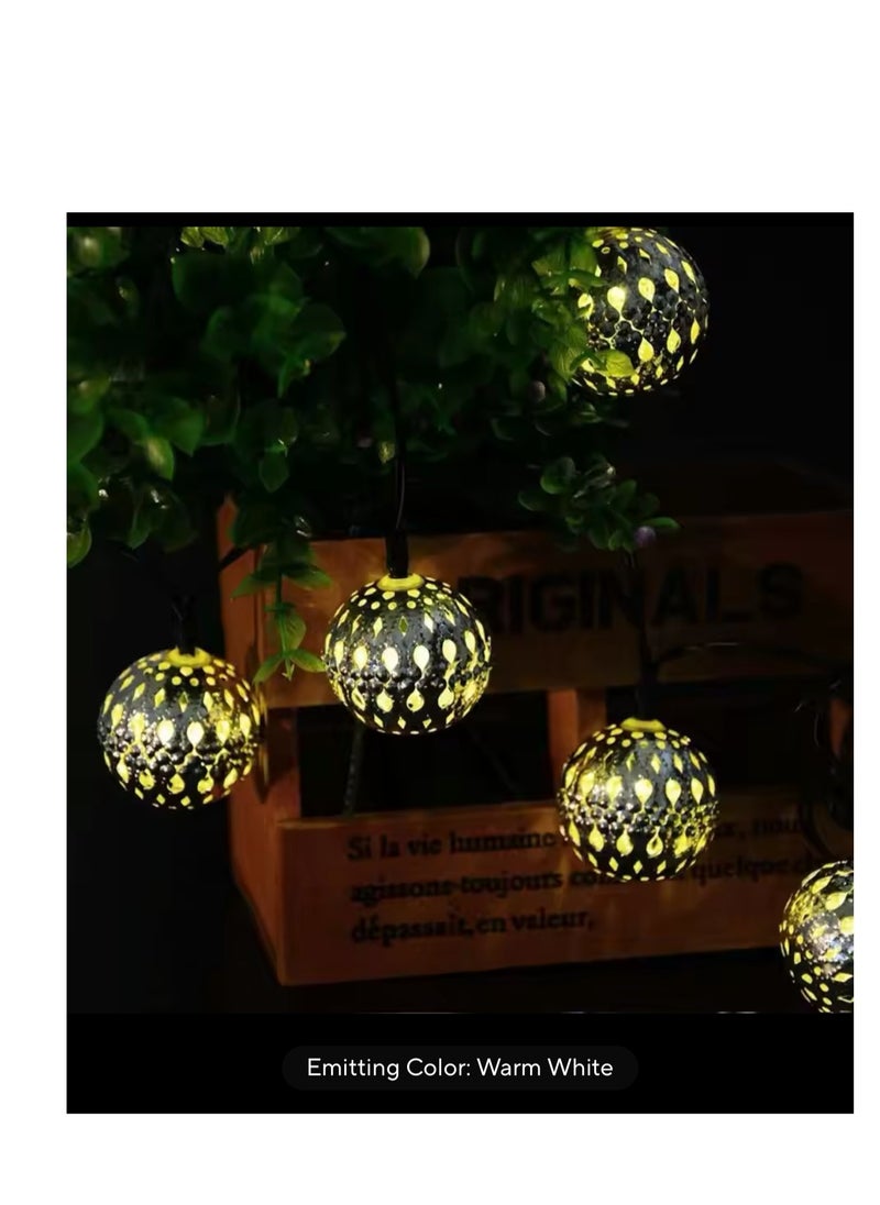 30 LED Moroccan Hollow Metal Ball String Solar Light Operated for Wall Home Hanging Bedroom Tree Birthday Party Decoration Items, Warm Light