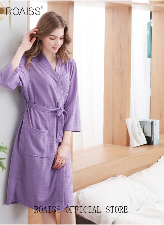 Women and Men Waffle Kimono Bathrobe Cotton Sleepwear Spa Robe Nightwear Nightgown Women Water Bathrobe Bridesmaid Robes Unisex Dressing Gown Autumn Robe Purple