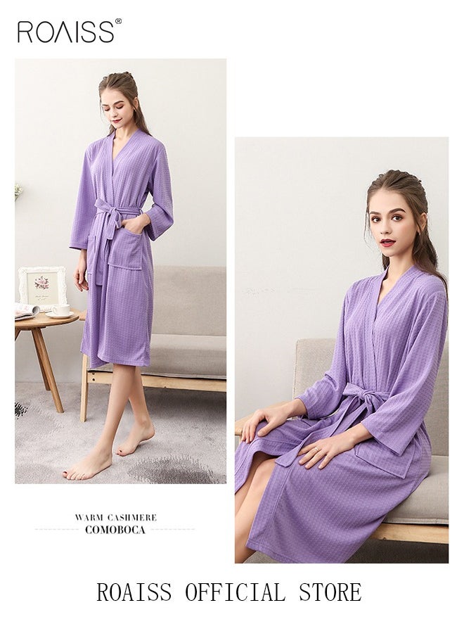 Women and Men Waffle Kimono Bathrobe Cotton Sleepwear Spa Robe Nightwear Nightgown Women Water Bathrobe Bridesmaid Robes Unisex Dressing Gown Autumn Robe Purple