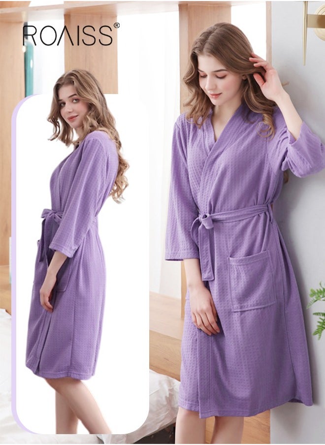 Women and Men Waffle Kimono Bathrobe Cotton Sleepwear Spa Robe Nightwear Nightgown Women Water Bathrobe Bridesmaid Robes Unisex Dressing Gown Autumn Robe Purple