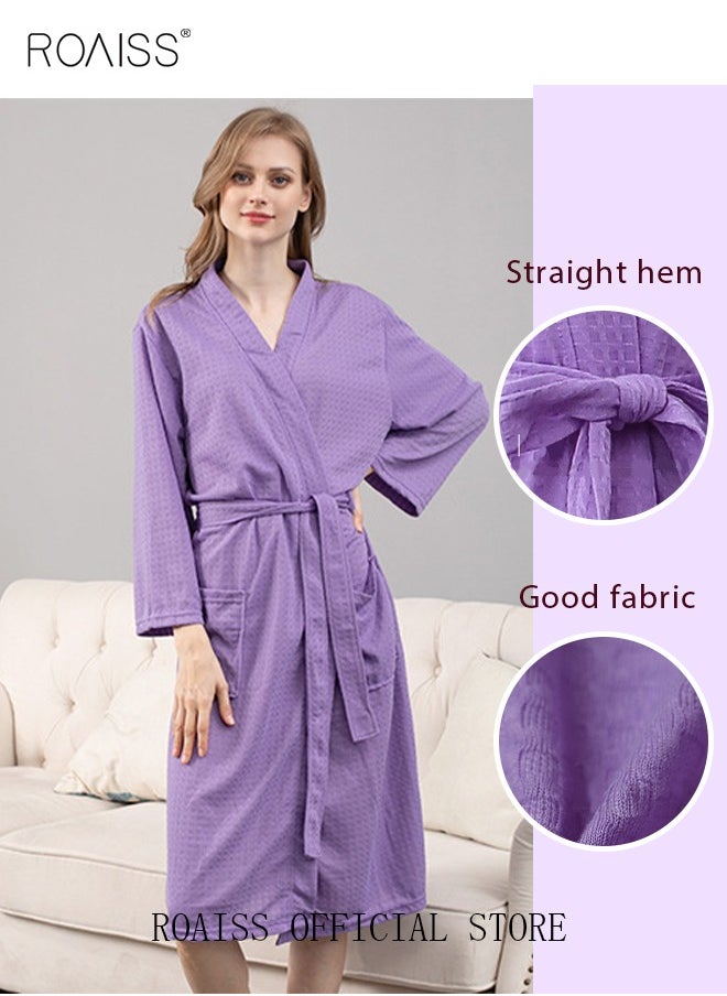 Women and Men Waffle Kimono Bathrobe Cotton Sleepwear Spa Robe Nightwear Nightgown Women Water Bathrobe Bridesmaid Robes Unisex Dressing Gown Autumn Robe Purple