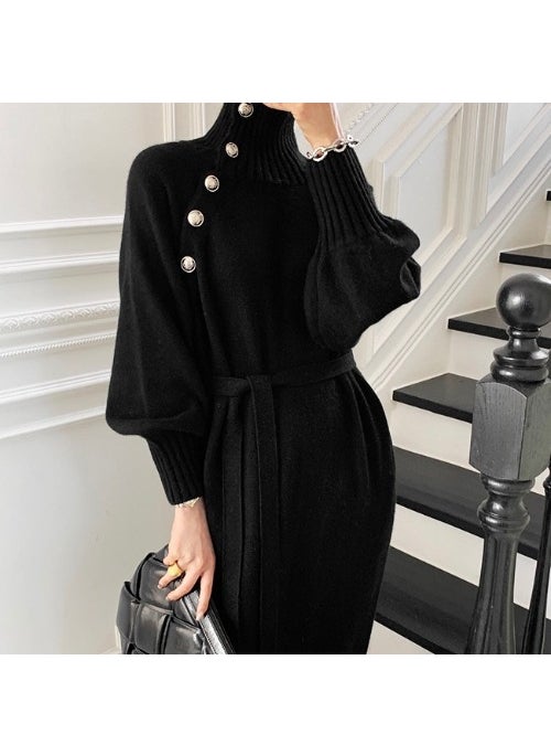 Knit Sweater Dress Waist-Tie Autumn 2024 Black
