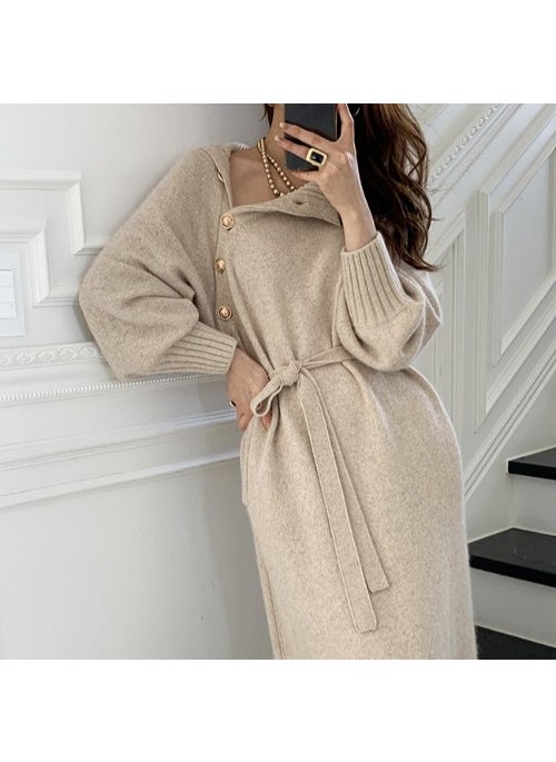 Knit Sweater Dress Waist-Tie Autumn 2024 Khaki