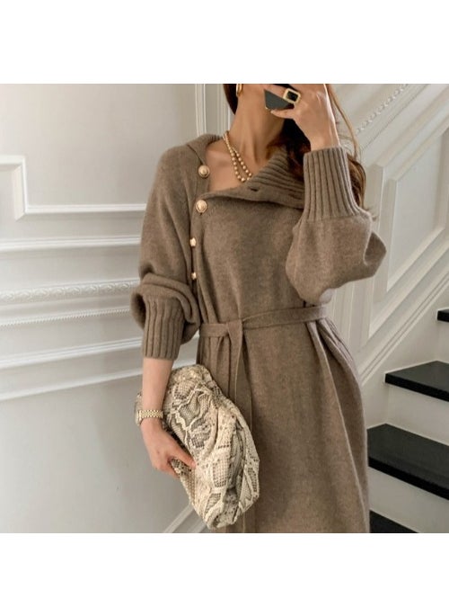 Knit Sweater Dress Waist-Tie Autumn 2024 Khaki