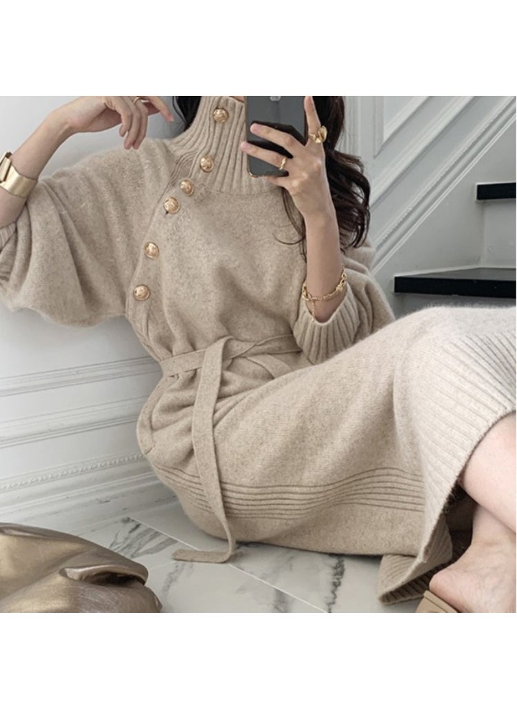 Knit Sweater Dress Waist-Tie Autumn 2024 Khaki