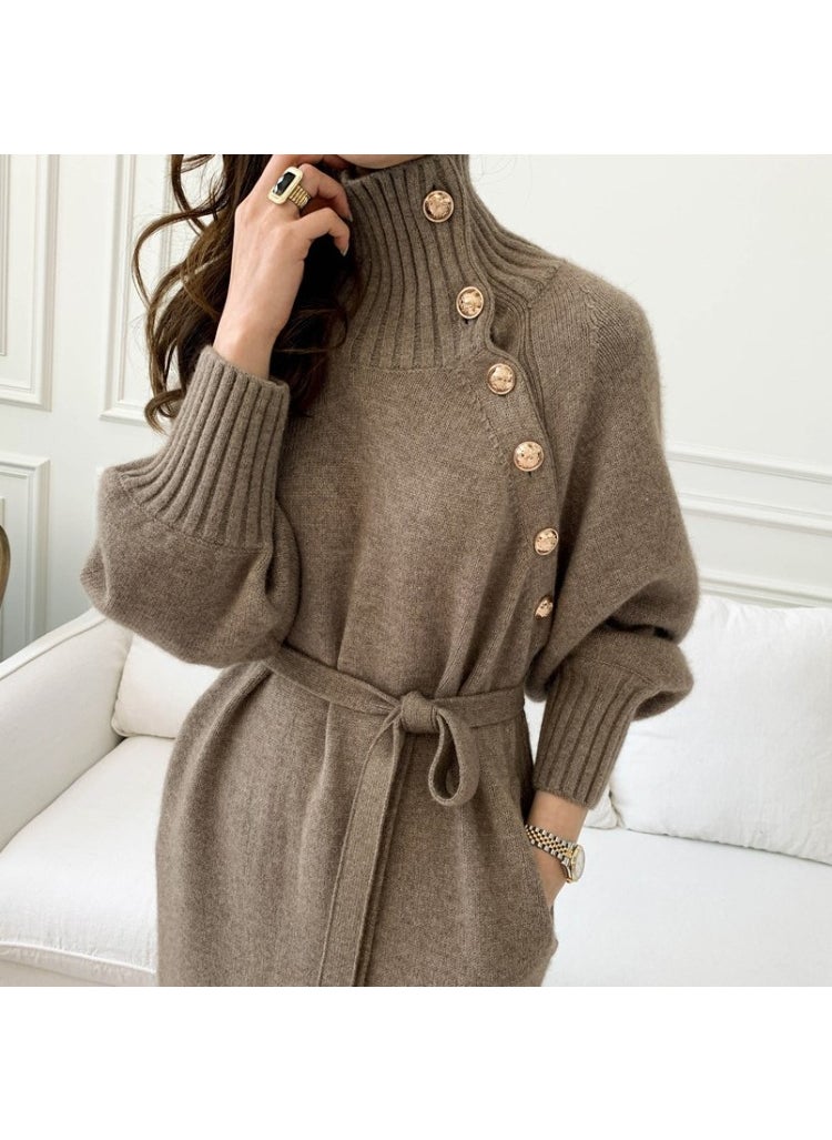 Knit Sweater Dress Waist-Tie Autumn 2024 Khaki