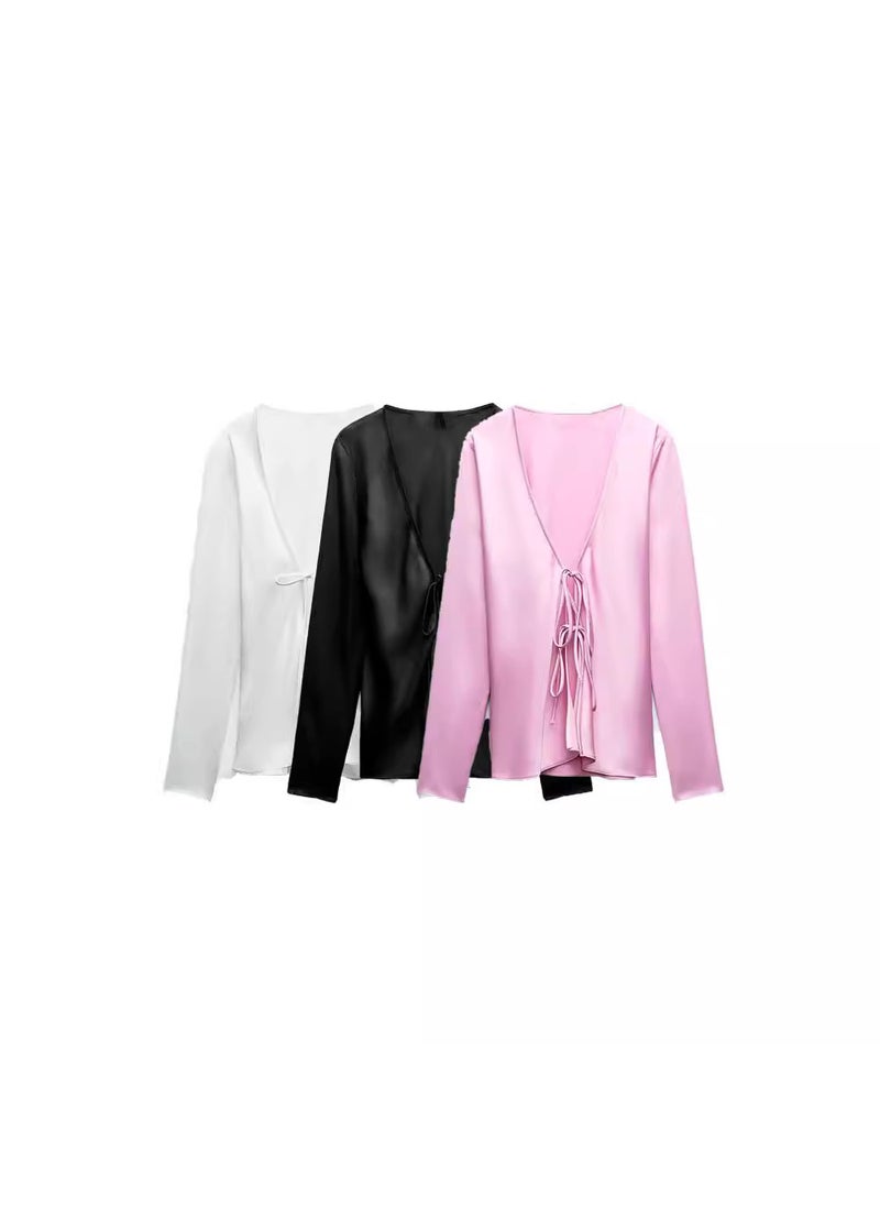 2024 Summer Chic Satin Bow Tie Slim Womens Blouse White