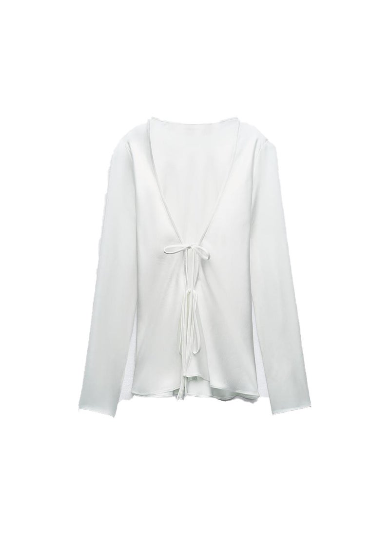 2024 Summer Chic Satin Bow Tie Slim Womens Blouse White