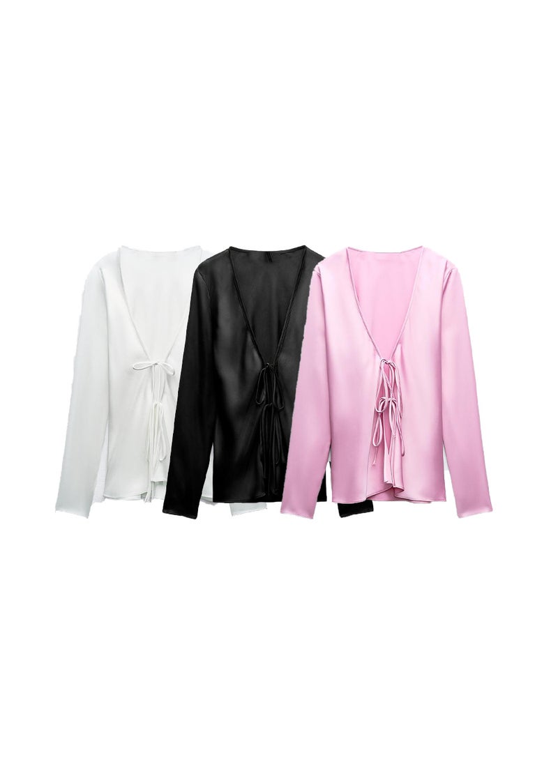 2024 Summer Chic Satin Bow Tie Slim Womens Blouse White