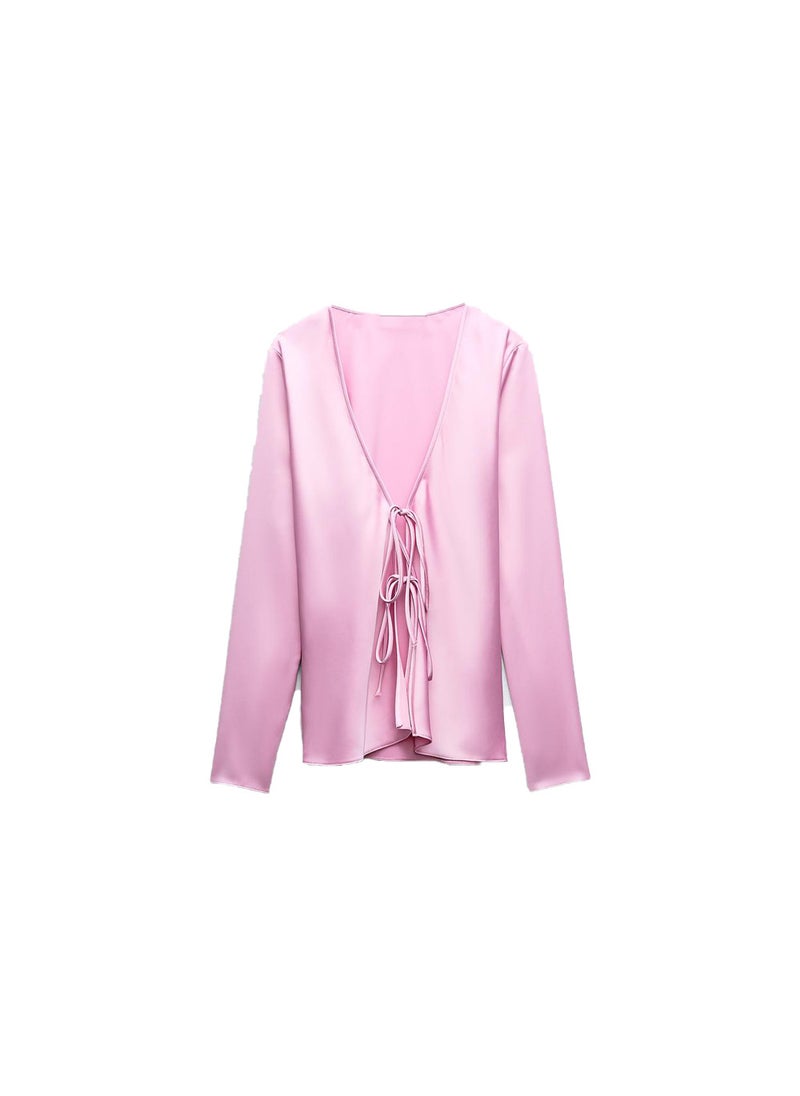2024 Summer Chic Satin Bow Tie Slim Womens Blouse Pink
