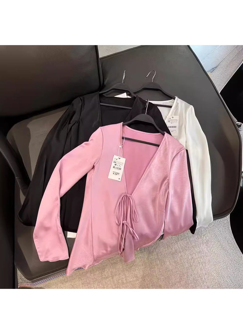 2024 Summer Chic Satin Bow Tie Slim Womens Blouse Pink