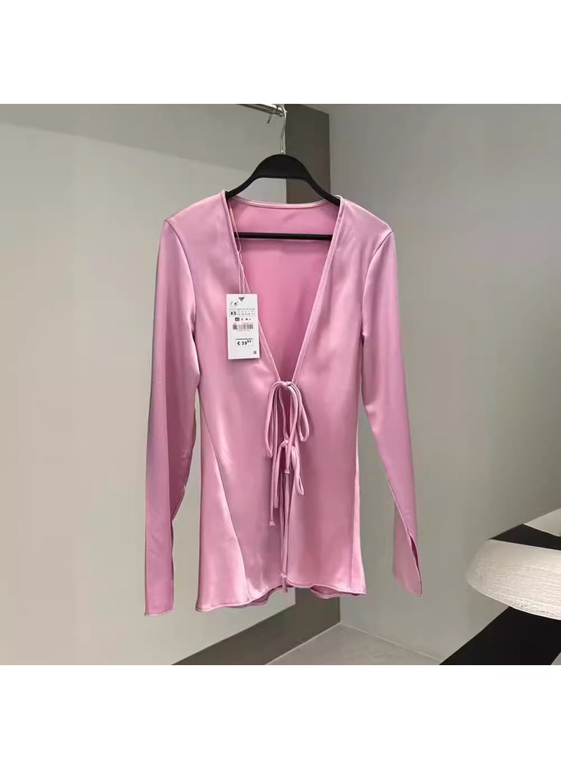 2024 Summer Chic Satin Bow Tie Slim Womens Blouse Black
