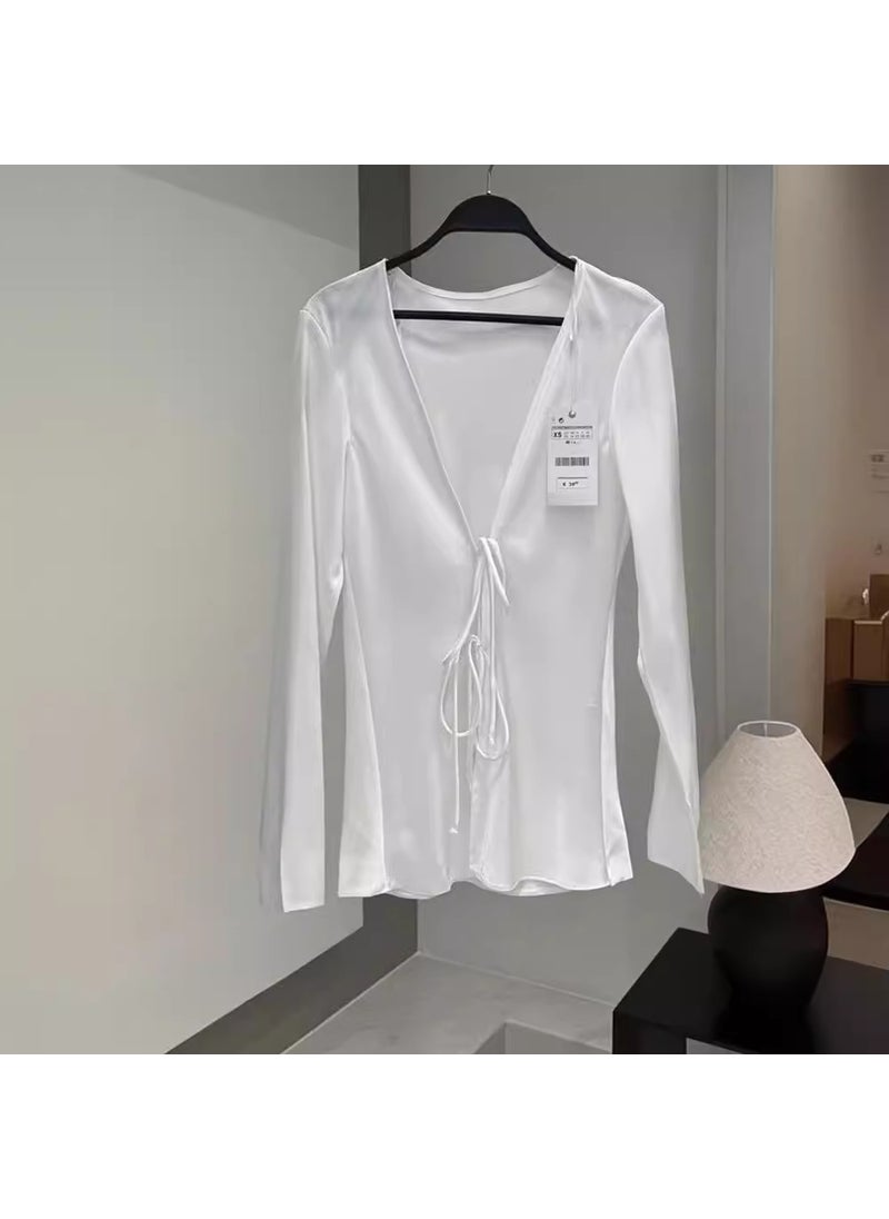 2024 Summer Chic Satin Bow Tie Slim Womens Blouse Black
