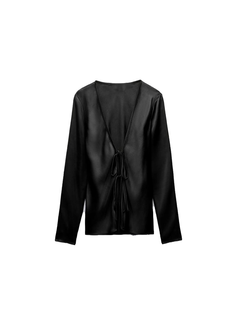 2024 Summer Chic Satin Bow Tie Slim Womens Blouse Black