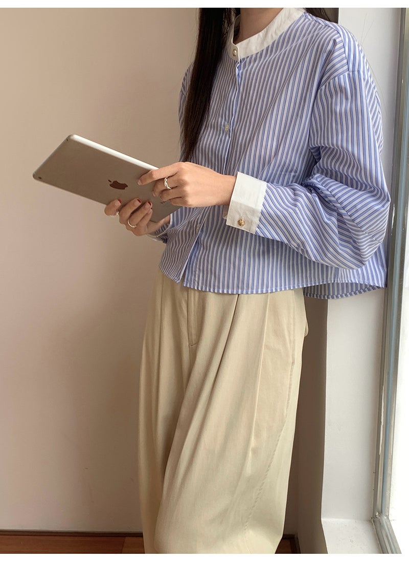 2024 Autumn Striped Shirt Women Casual Loose Long Sleeve blue
