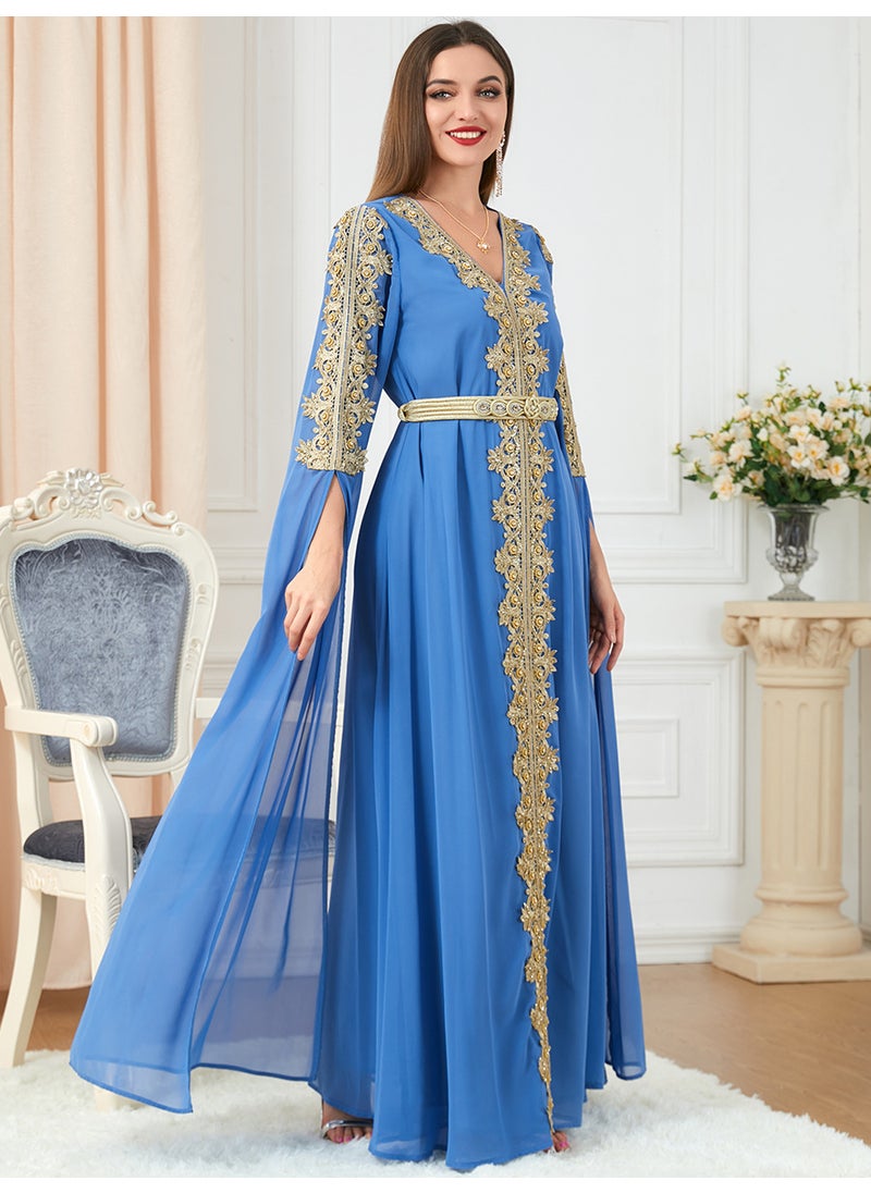 Elegant Patchwork Maxi Dress Abaya Fall light blue